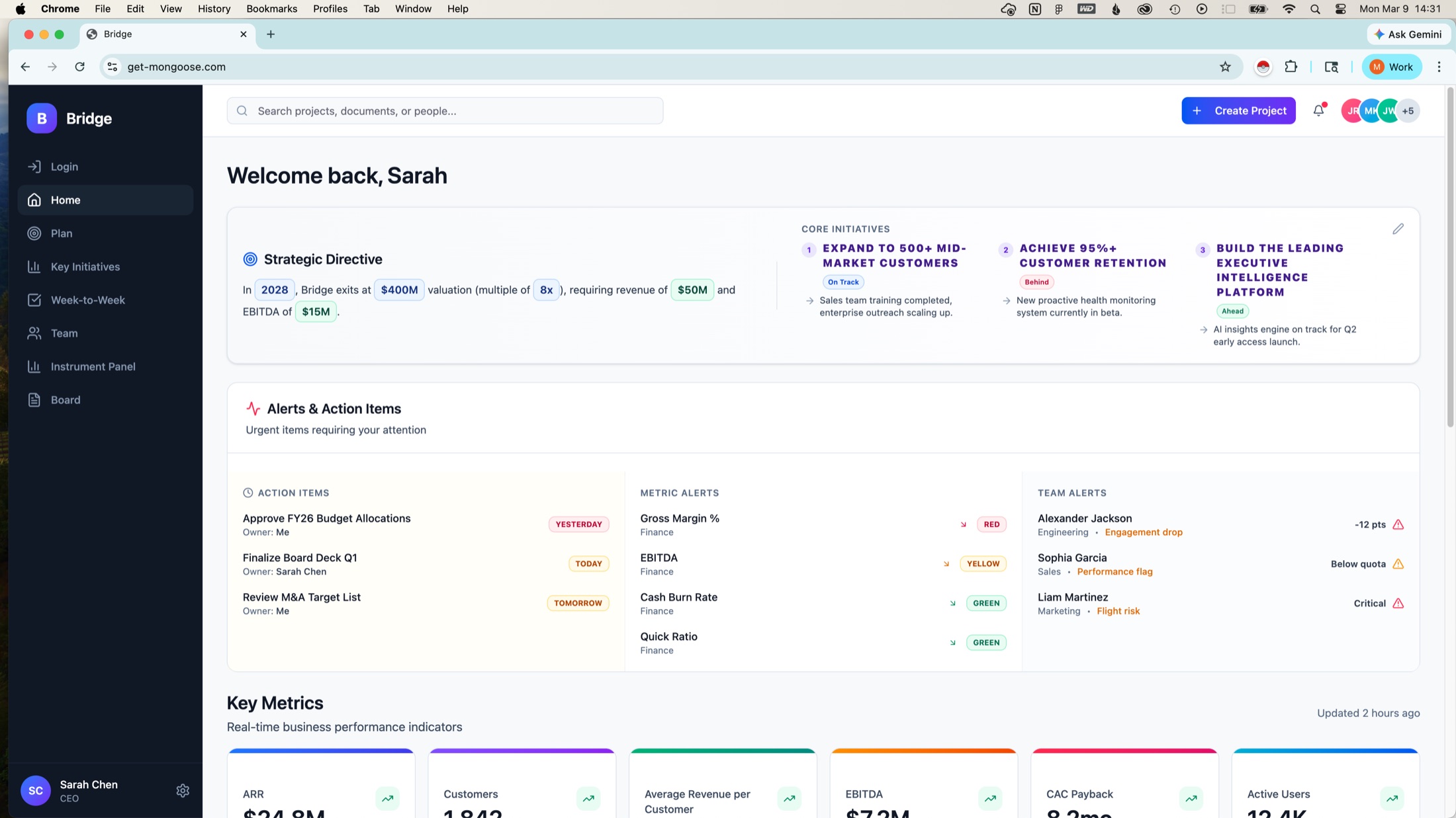 Bridge Home — strategic directive, live alerts, action items, and key metrics